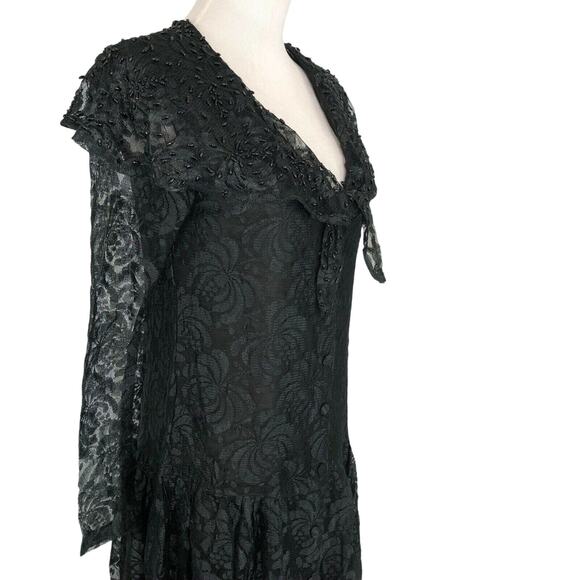Jasmine Evening Lace Dress Long Sleeves Button Front Low V Neck Black Small - Picture 8 of 8